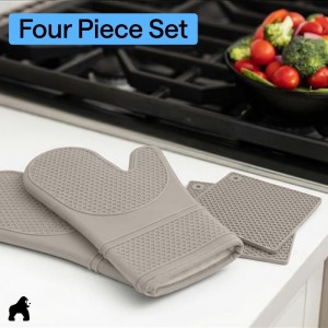 GORILLA GRIP BPA-Free Soft Silicone Oven Mitts and Pot Holders Sets of 4, Heat Resistant Waterproof Cooking Gloves, Thick Cotton Lining, Flexible Gripping for Baking Grilling, Kitchen Trivets, Almond