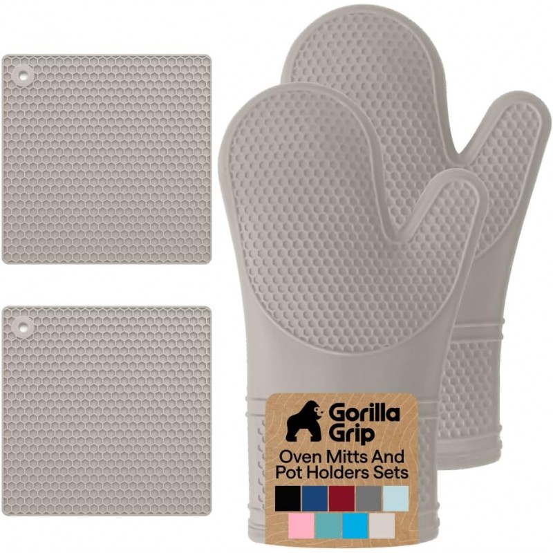 GORILLA GRIP BPA-Free Soft Silicone Oven Mitts and Pot Holders Sets of 4, Heat Resistant Waterproof Cooking Gloves, Thick Cotton Lining, Flexible Gripping for Baking Grilling, Kitchen Trivets, Almond