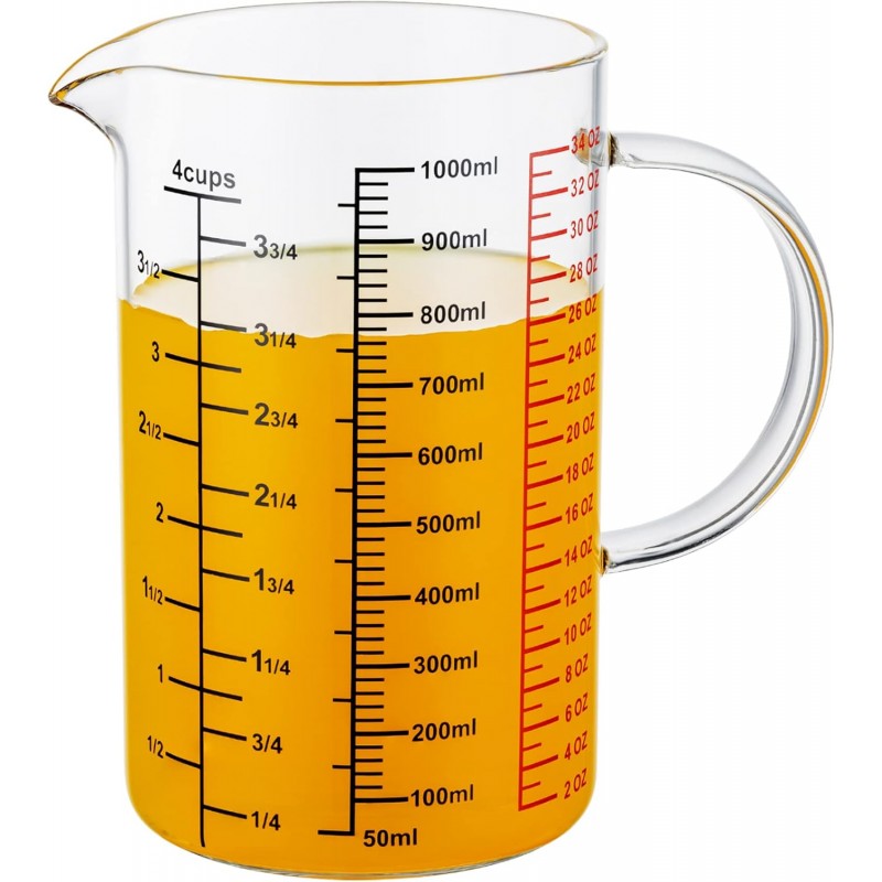 Glass Measuring Cup-[Insulated handle | V-Shaped Spout]-Made of High Borosilicate Glass Measuring Cup for Kitchen or Restaurant, Easy to Read, 1000 ML (32 Oz, 4 Cup)