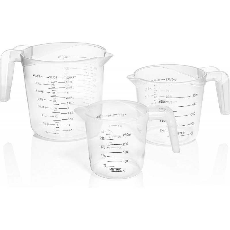 3pc Liquid Measuring Cups Set - 1 Cup, 2 Cup, 1 Quart | Clear Plastic Measure Cups with Long Handles