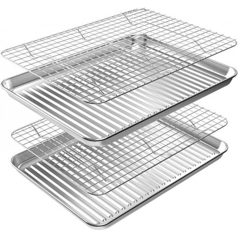 ROTTAY Baking Sheet with Rack Set (2 Pans + 2 Racks), Stainless Steel Cookie Sheet with Cooling Rack, Nonstick Baking Pan, Warp Resistant & Heavy Duty & Rust Free, Size 16 x 12 x 1 Inches