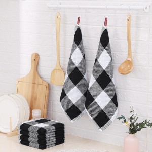 Homaxy 100% Cotton Waffle Weave Check Plaid Dish Cloths, 12 x 12 Inches, Super Soft and Absorbent Dish Towels Quick Drying Dish Rags, 6-Pack, White & Black