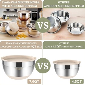 Umite Chef Mixing Bowls with Airtight Lids, 6 piece Stainless Steel Metal Nesting Storage Bowls, Non-Slip Bottoms Size 7, 3.5, 2.5, 2.0,1.5, 1QT, Great for Mixing & Serving (Khaki)