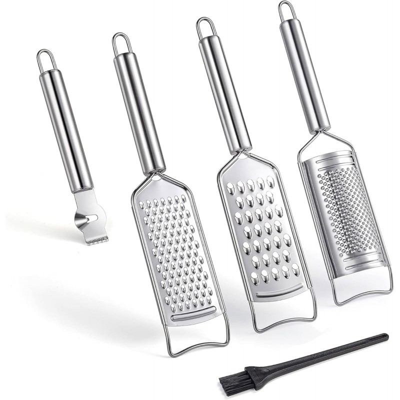 Tongjude Stainless Steel Cheese Grater Set, Set of 5 Kitchen Grater & Peeler & Slicer, Lemon Zester with Cleaning Brush for Vegetable, Fruit, Chocolate