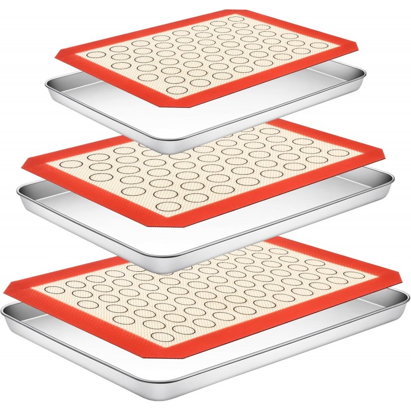 Baking Sheet with Silicone Baking Mat Set,CEKEE Stainless Steel Baking Sheet Pan Tray, Cookie Sheets for Baking, 6PCS Baking Supplies Bakeware Sets for Oven Making Cookies, Macaroons, Bread