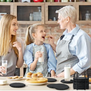 Slate Coasters with Holder, MAPRIAL 4 Inch Coaster Set of 12 Round Black Slate Stone DIY Coasters with Anti-Scratch Backing for Halloween Christmas, Bar, Kitchen, Home Decor, Gifts for Mom, Dad