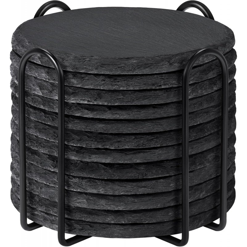Slate Coasters with Holder, MAPRIAL 4 Inch Coaster Set of 12 Round Black Slate Stone DIY Coasters with Anti-Scratch Backing for Halloween Christmas, Bar, Kitchen, Home Decor, Gifts for Mom, Dad