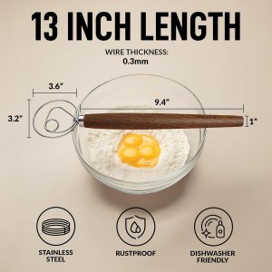 Zulay Kitchen 13 Inch Danish Dough Whisk - Large Wooden Danish Whisk For Dough With Stainless Steel Ring - Traditional Dutch Whisk Baking Tool For Bread, Batter, Cake, Pastry (Ashwood)