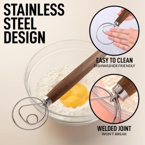 Zulay Kitchen 13 Inch Danish Dough Whisk - Large Wooden Danish Whisk For Dough With Stainless Steel Ring - Traditional Dutch Whisk Baking Tool For Bread, Batter, Cake, Pastry (Ashwood)