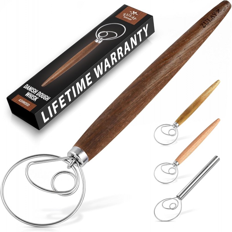Zulay Kitchen 13 Inch Danish Dough Whisk - Large Wooden Danish Whisk For Dough With Stainless Steel Ring - Traditional Dutch Whisk Baking Tool For Bread, Batter, Cake, Pastry (Ashwood)