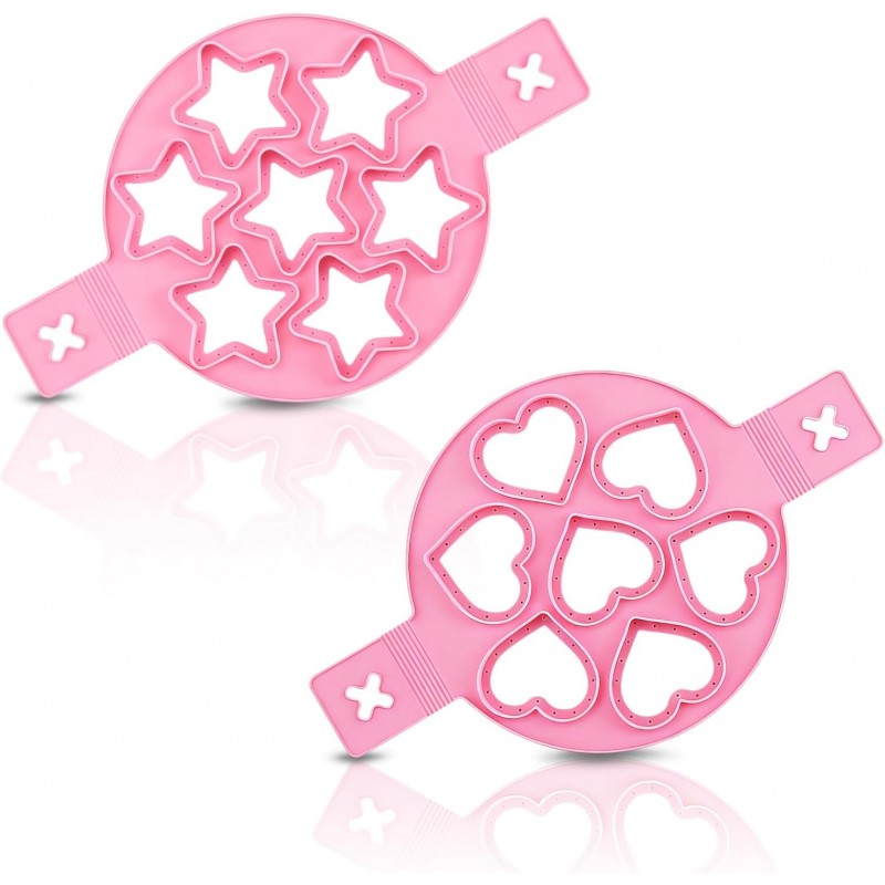 2PCS Pancake Maker Mold, 7 Cavity Star/Heart Shape Nonstick Reusable Silicone Egg Mold Ring with Handle Kitchen Cooking Baking Tools for Muffin Fried Egg Burger