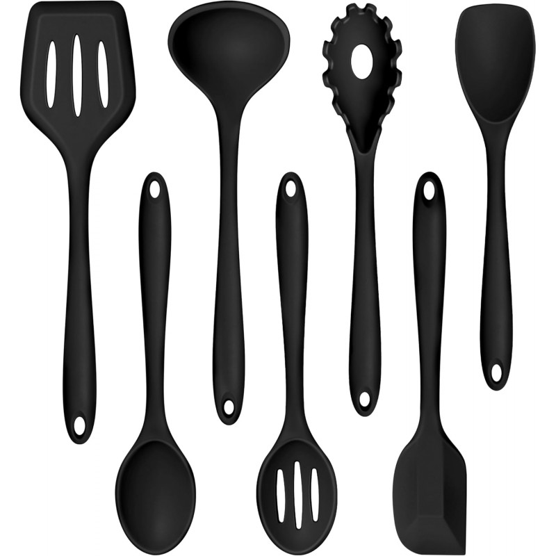 TeamFar Silicone Cooking Utensil Set of 7, Black Kitchen Nonstick Tools Turner Spoon Spatula Ladle Pasta Server for Nonstick Cookware, Healthy & One-Piece, Anti-Heat & Dishwasher Safe