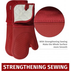 Klex Extra Long Silicone Oven Mitts, 932°F Degrees Heat Resistance with Quilted Cotton Liner Oven Gloves, 2 Piece Set, 15 inch, Red