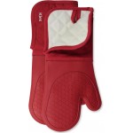 Klex Extra Long Silicone Oven Mitts, 932°F Degrees Heat Resistance with Quilted Cotton Liner Oven Gloves, 2 Piece Set, 15 inch, Red