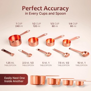 Measuring Cups and Spoons Set of 9, Utensils for Dry and Liquid Ingredients, Copper Kitchen Accessories, Rose Copper Decor for Home, Stackable, Sturdy Stainless Steel