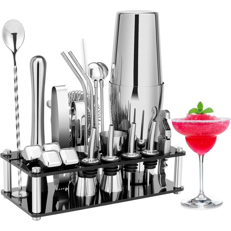 Cocktail Shaker Set, 23-Piece Boston Stainless Steel Bartender Kit with Acrylic Stand & Cocktail Recipes Booklet, Professional Bar Tools for Drink Mixing, Home, Bar, Party (Include 4 Whiskey Stones)