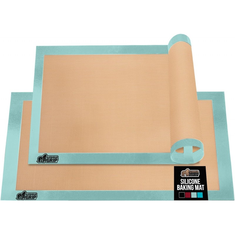GORILLA GRIP Food Grade Reusable Nonstick Silicone Baking Mat, 16.5x11.87, Half Sheet 2PK, Oven Safe Cookie Sheet Liners, Up to 500 Degrees, No Mess Easy Clean Pastry Mats, Kitchen Essentials, Mint