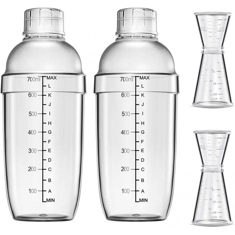 4 pcs Clear Cocktail Shaker Set 2 pcs Plastic bar Shaker with 2 pcs Plastic Cocktail Double Measuring Jigger