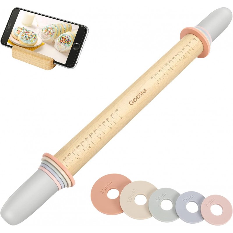 Geesta Adjustable Wood Rolling Pin with 5 Thickness Rings, Precise Dough Roller Handle Press Design with Measurement Guide for Fondant, Pizza, Pie Crust, Cookie, Pastry Baking Decorating Accessories