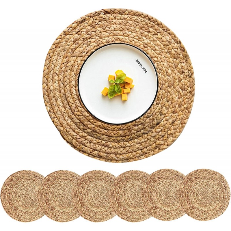 Woven Placemats Round Placemats Set of 6, 13.5 Inch Wicker Placemat Circle Rattan Placemats Farmhouse Boho Braided Natural Water Hyacinth Place Mats for Indoor & Outdoor Table Decor