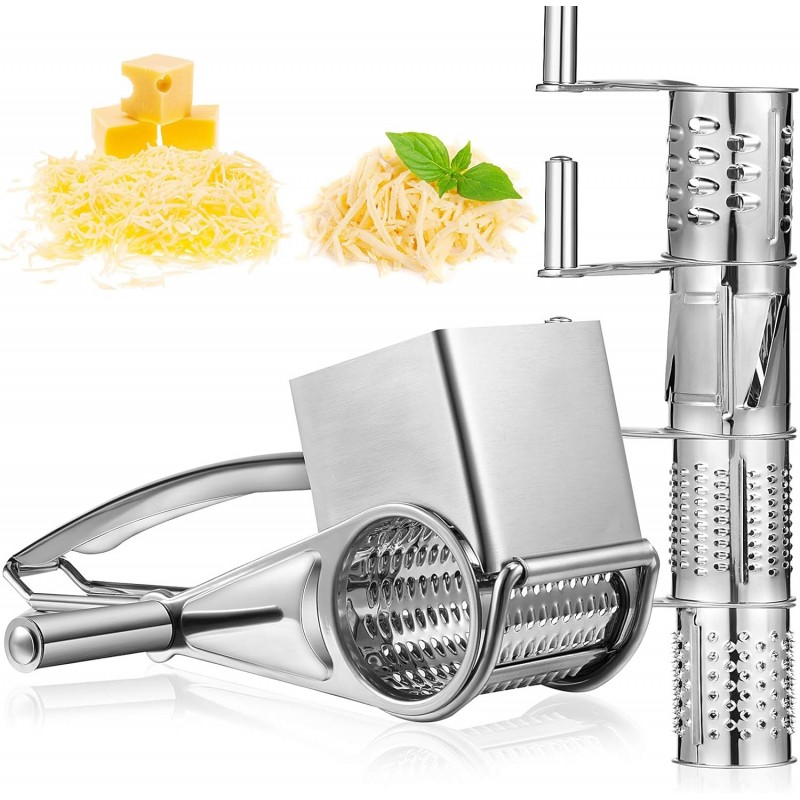 Honoson Rotary Cheese Grater Stainless Steel Handheld Rotary Parmesan Grater Cheese Cutter Slicer Shredder with 4 Stainless Drum for Grating Hard Chocolate Nuts Kitchen Tool