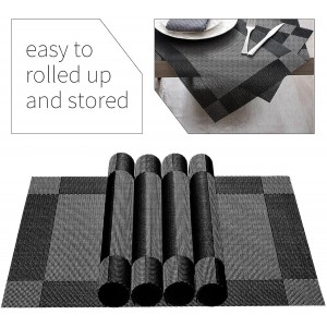 AHHFSMEI Placemats for Dining Table Set of 6 Woven Vinyl Plastic Place Mats Non-Slip Heat Insulation Stain Resistant Table Mats Washable Easy Clean Placemats (Black Corner)