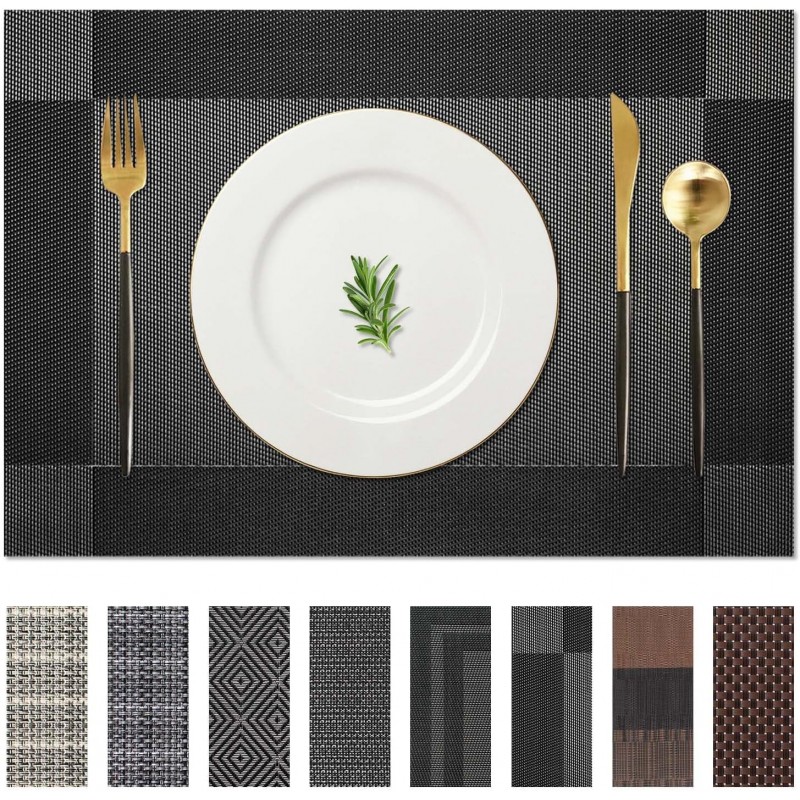 AHHFSMEI Placemats for Dining Table Set of 6 Woven Vinyl Plastic Place Mats Non-Slip Heat Insulation Stain Resistant Table Mats Washable Easy Clean Placemats (Black Corner)