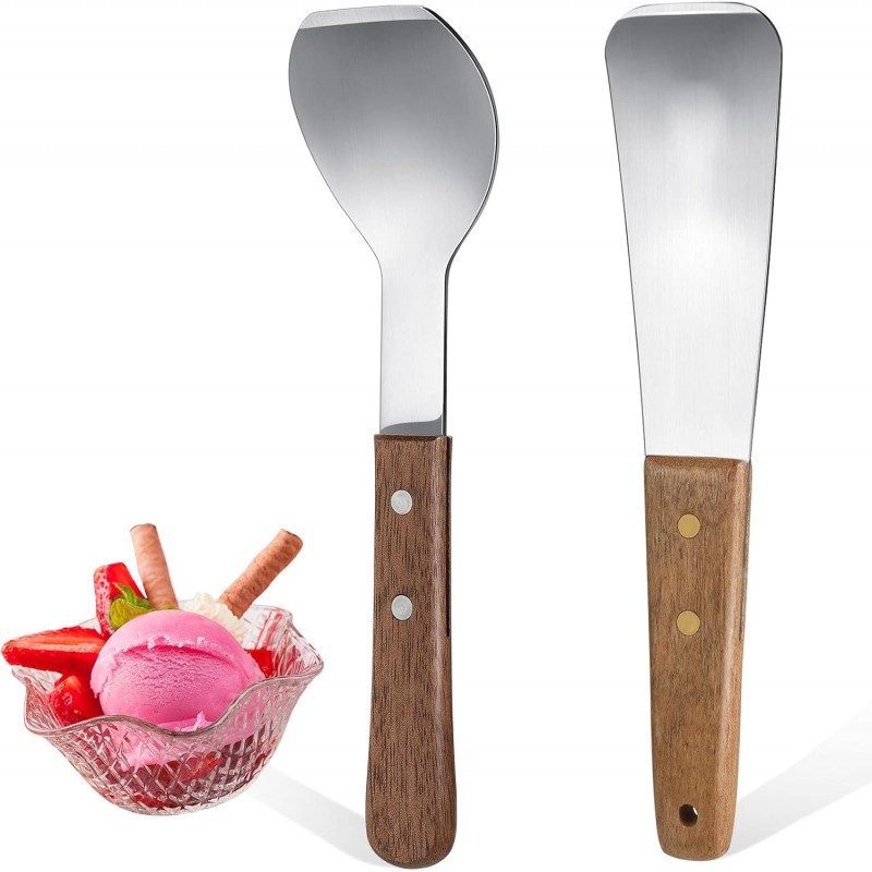 Patelai 2 Pcs Ice Cream Scoop Stainless Steel Ice Cream Shovel with Wooden Handle Dessert Spade Butter Cutter Flat Metal Spade for Dining Kitchen Utensil Home Commercial