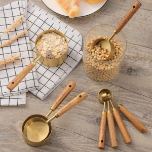 Measuring Cups and Spoons Set of 8, Golden Stainless Steel Measuring Cup with Wooden Handle, Kitchen/Food/Liquid/Baking (gold)