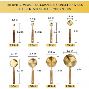 Measuring Cups and Spoons Set of 8, Golden Stainless Steel Measuring Cup with Wooden Handle, Kitchen/Food/Liquid/Baking (gold)
