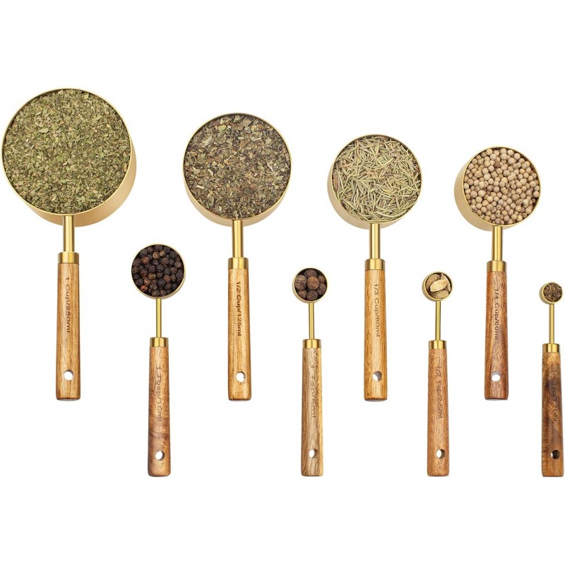 Measuring Cups and Spoons Set of 8, Golden Stainless Steel Measuring Cup with Wooden Handle, Kitchen/Food/Liquid/Baking (gold)