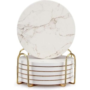 6 Pack White Marble Coaster Set with Hol...
