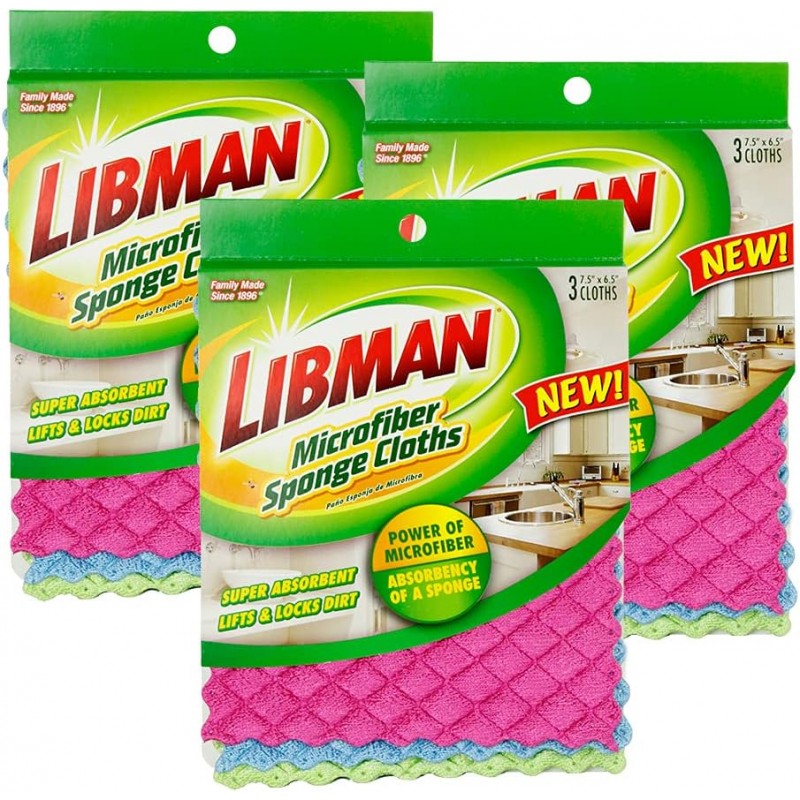 Libman 1482 Microfiber Sponge Cloths – Combines The Best of a Sponge and Dish Cloth, Includes 3 Packs of 3 Sponge Cloths (9 Total Sponge Cloths), Pink, Blue and Green