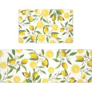 SHACOS Anti Fatigue Lemon Kitchen Rugs Mats Set of 2 Pieces Non Slip Soft Cushioned Wipeable Kitchen Mats for Floor Standing Mats, 17
