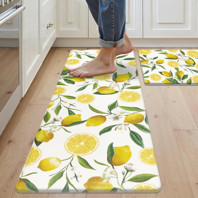 SHACOS Anti Fatigue Lemon Kitchen Rugs Mats Set of 2 Pieces Non Slip Soft Cushioned Wipeable Kitchen Mats for Floor Standing Mats, 17