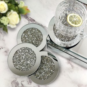GIMORRTO Glass Mirrored Coaster 4 PC, Crushed Diamond Round 4