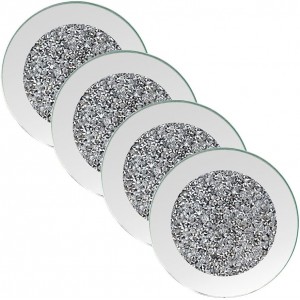 GIMORRTO Glass Mirrored Coaster 4 PC, Crushed Diamond Round 4