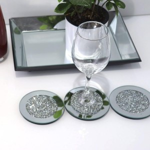 GIMORRTO Glass Mirrored Coaster 4 PC, Crushed Diamond Round 4