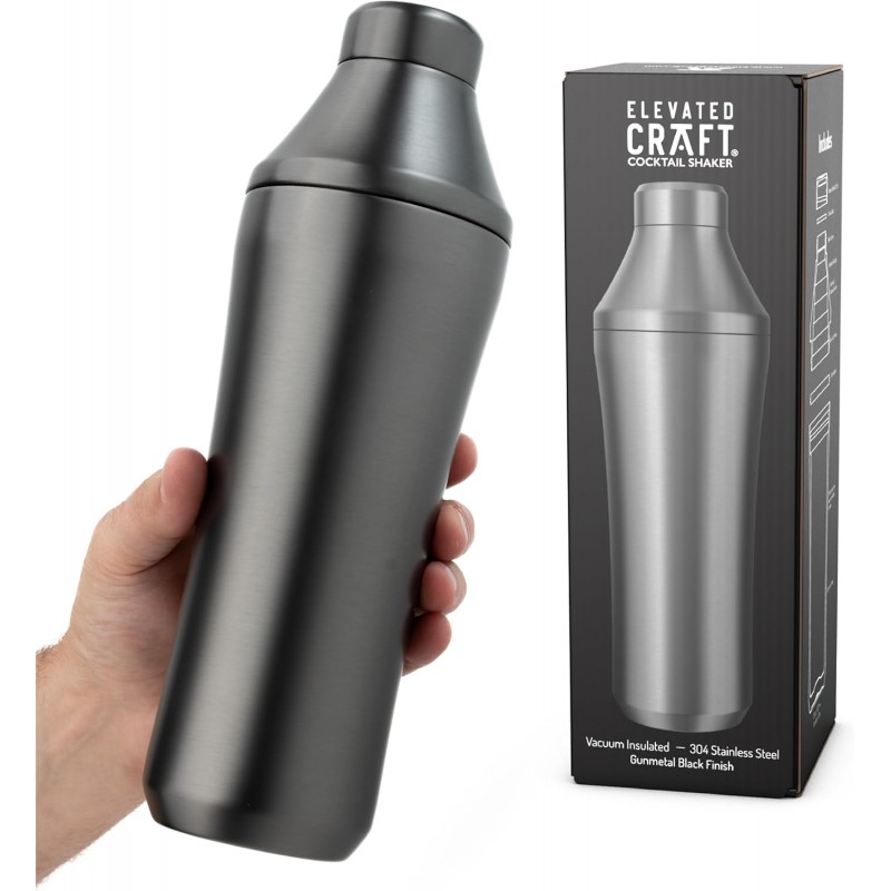 Elevated Craft Hybrid Cocktail Shaker - Premium Vacuum Insulated Stainless Steel Gunmetal Cocktail Shaker - Innovative Measuring System - Martini Shaker for the Home Bartender - 28oz Total Volume