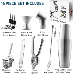 Bar Set Cocktail Shaker Set, Stainless Steel Mixology Bartender Kit, 16 Piece Cocktail Kit, Silver Cocktail Set, Bar Tools: 30oz Martini Shaker, Muddler, Bar Kit Cocktail Book, Jigger and Pourers