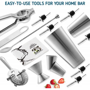 Bar Set Cocktail Shaker Set, Stainless Steel Mixology Bartender Kit, 16 Piece Cocktail Kit, Silver Cocktail Set, Bar Tools: 30oz Martini Shaker, Muddler, Bar Kit Cocktail Book, Jigger and Pourers