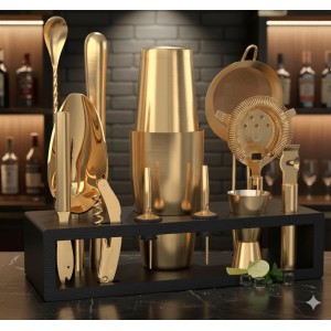 Highball & Chaser Bartender Kit with Black Bamboo Stand Beautiful Cocktail Shaker Set and Bar Tools Stainless Steel Boston Shaker Bartender Kit with Stand (Antique Gold)
