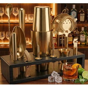 Highball & Chaser Bartender Kit with Black Bamboo Stand Beautiful Cocktail Shaker Set and Bar Tools Stainless Steel Boston Shaker Bartender Kit with Stand (Antique Gold)