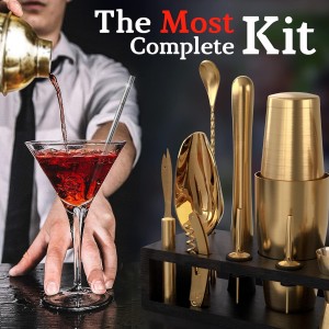 Highball & Chaser Bartender Kit with Black Bamboo Stand Beautiful Cocktail Shaker Set and Bar Tools Stainless Steel Boston Shaker Bartender Kit with Stand (Antique Gold)