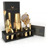 Highball & Chaser Bartender Kit with Black Bamboo Stand Beautiful Cocktail Shaker Set and Bar Tools Stainless Steel Boston Shaker Bartender Kit with Stand (Antique Gold)