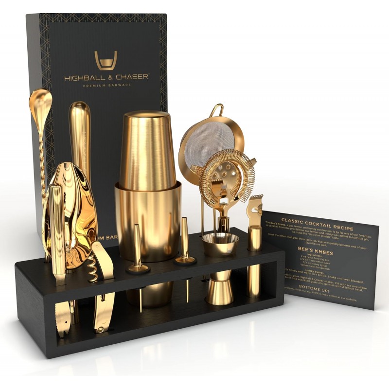 Highball & Chaser Bartender Kit with Black Bamboo Stand Beautiful Cocktail Shaker Set and Bar Tools Stainless Steel Boston Shaker Bartender Kit with Stand (Antique Gold)