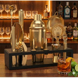 Highball & Chaser Bartender Kit with Espresso Bamboo Stand. Beautiful Cobbler Cocktail Shaker Set with Bar Tools Rustproof Stainless Steel Bar Set (Matte Gold)