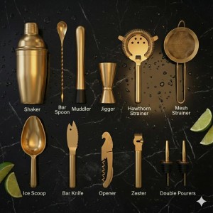 Highball & Chaser Bartender Kit with Espresso Bamboo Stand. Beautiful Cobbler Cocktail Shaker Set with Bar Tools Rustproof Stainless Steel Bar Set (Matte Gold)