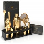 Highball & Chaser Bartender Kit with Espresso Bamboo Stand. Beautiful Cobbler Cocktail Shaker Set with Bar Tools Rustproof Stainless Steel Bar Set (Matte Gold)