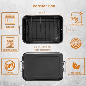 Moss & Stone Carbon Steel Roaster Pan With “V” Shape Removable Roasting Rack Set, 16.5 Inch Rectangular Nonstick Roasting Pan, Turkey Roaster Pan Rack With Carving Fork & Chef Knife